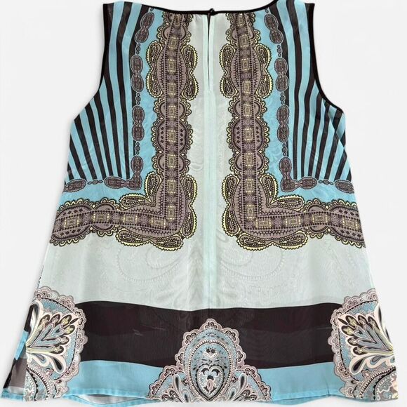 Turquoise and Black Sheer Paisley Sleeveless Blouse - Picture 2 of 4